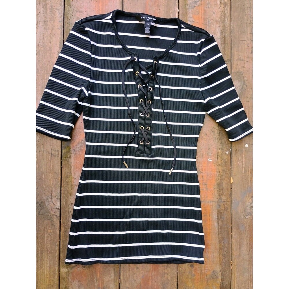 White House Black Market XS Black/White Striped Fitted Stretch Lace-Up Shirt Top